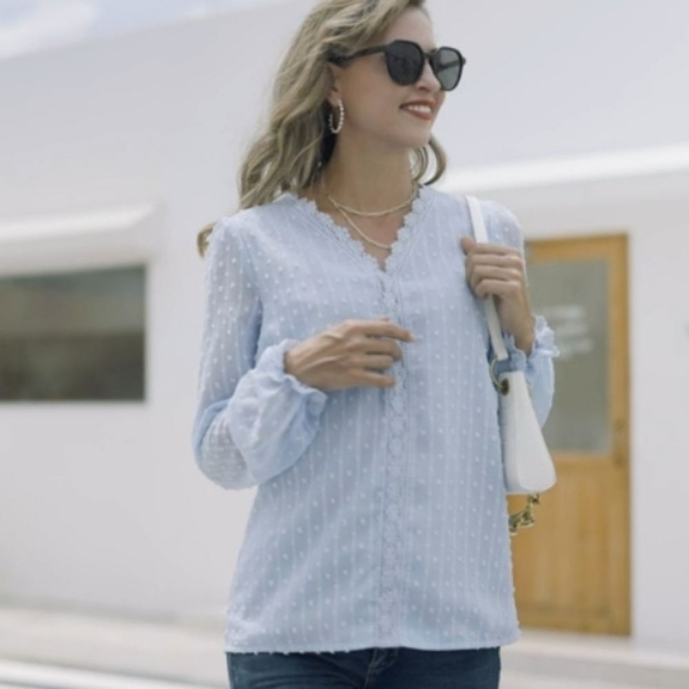 Grace Karin Baby Blue Longsleeve Thin Blouse Large - Picture 5 of 12